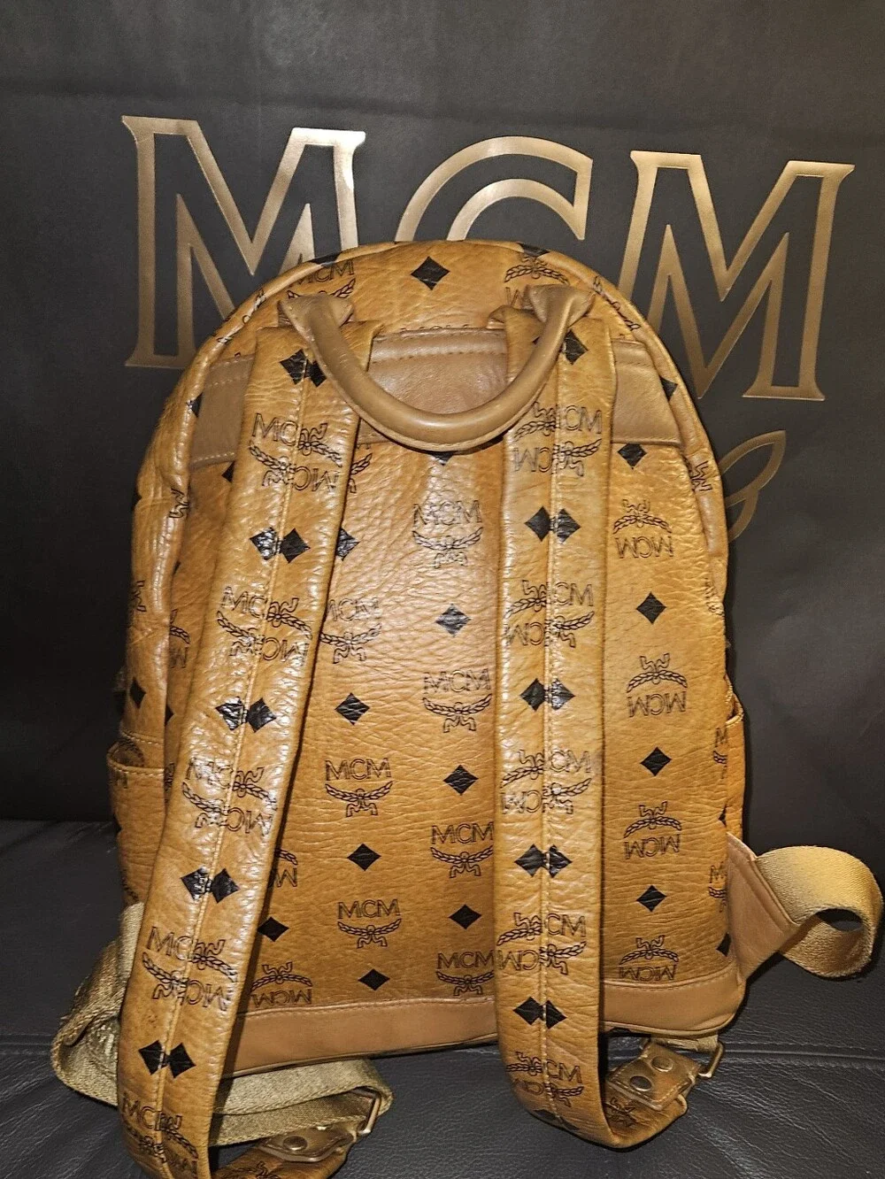 MCM Cognac Logo Studded Visetos Backpack with Gold Hardware